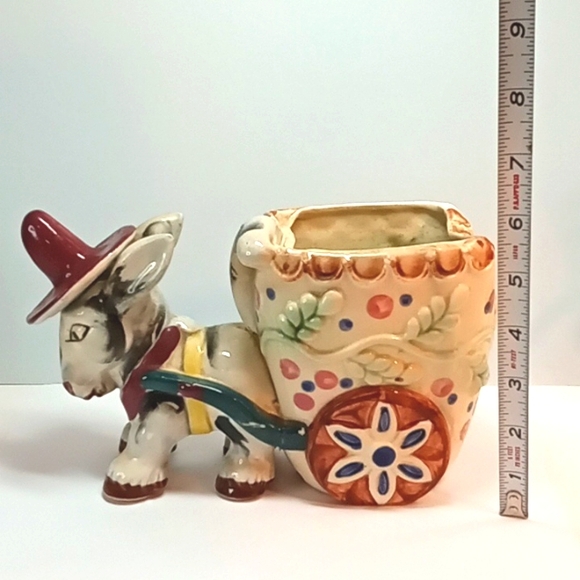 Large vintage ceramic donkey pulling cart planter, hand painted. No flaws - Picture 6 of 8
